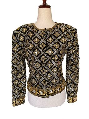 Vintage 80s Adrienne Vittadini Black and Gold Embellished Beaded Evening Jacket